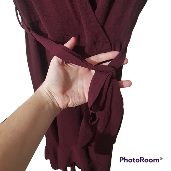 Ax Paris Plum Frill Faux Wrap Belted High Low Sleeveless Maxi Dress - Picture 6 of 15